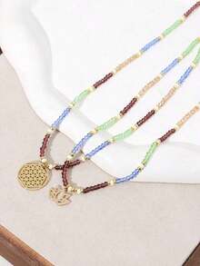 2pcs Bohemian Lotus & Geometric Pendant Handmade Beaded Double-Layered Necklace For Women's Holiday Party Jewelry - Multicolor - View 3