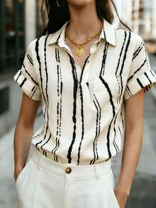 女士条纹短袖衬衫，衬衫领，纽扣前襟，带口袋 – 适合工作、居家和日常度假的办公室休闲夏季上衣 - 白色 - 查看 1