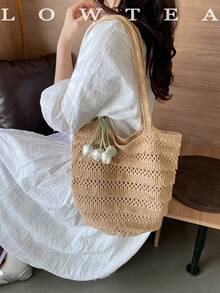 1pc Low Tea Solid Color Woven Fabric Shoulder Bag, Women's Retro Fashion Woven Shoulder Bag, Top Double Handle Design, Open Closure, Suitable For Travel, Shopping, Dating, Women's Gift, Very Suitable For Commuting, Outdoor, Travel, Hiking (With Pendant) - Khaki - View 7