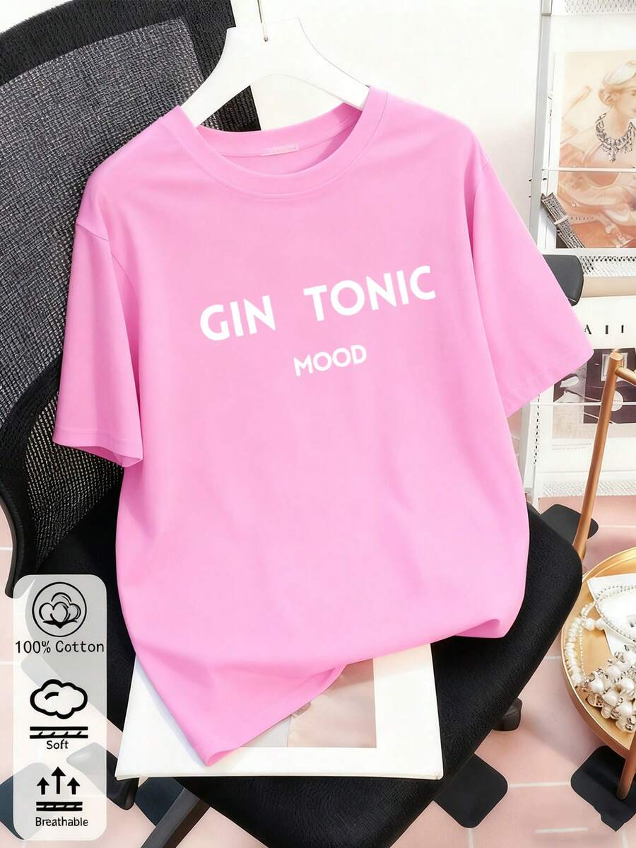 Unisex Loose Fit T-Shirt, Fashionable Slogan Print Design, New Spring/Summer Sports Tops, Stylish & Breathable Unisex Short Sleeve Shirt - Light Peach Pink - View 1