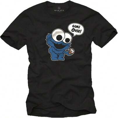 Zwart heren T-shirt met een afbeelding van Cookie Monster - "Game Over" T-shirt, unisex, kerstcadeau, casual kleding voor buiten, 100% katoen.