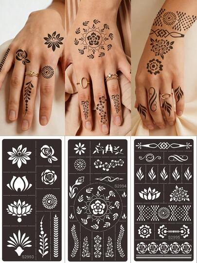 3pcs Floral Temporary Tattoo Templates, Hollow Stencils Stickers For Mandala Designs, Reusable Body Art Tattoos, Flower Pattern Body DIY Tattoos For Spring/Summer, Festival Body Art