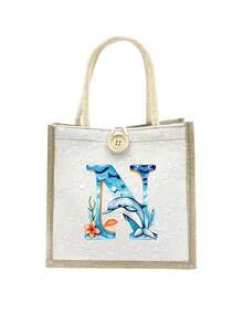 1pc Linen Handbag With Cute Dolphin Letters A-Z, Ditsy Floral Linen Button Decorative Handbag, Portable Travel Beach Handbag, Swimming Gear Storage, Button Embellished Handbag, Simple Large Capacity Handbag, Portable Casual Storage Handbag, Multifunctional Shopping Bag, Gifts For Family, Friends, Loved Ones, And Teachers, Unique Birthday Gifts, Holiday Gifts, Party Gifts, Mother's Day Gifts, Wedding Gifts, Back-To-School Gifts - Multicolor - View 24
