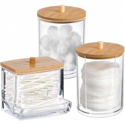 1/3 包棉签收纳盒，带竹盖 - 10 盎司/7 盎司透明塑料药罐，适用于梳妆台化妆品收纳 - 浴室配件套装，可收纳棉签、棉球、棉垫、牙线