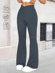 Gray High Elastic Crossover Waist Flared Pants For Women, Tummy Control 4-Way Stretch Bootcut Yoga Pants For Daily & Fitness Outfits,Women's Leggings,Gym Clothes Women,Gym Clothes Women,Summer Outfits For Women,Summer Clothes,Beachwear,Vacation Outfits Women,Vacation Essentials - 灰色 - 查看 4