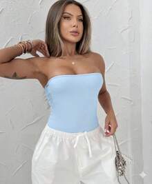 Set Of 2 Strapless Sleeveless Basic Casual Versatile Bodysuits In Spandex Fabric With Padded Cups For Everyday Use - 黑藍 - 查看 2