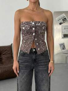 SQUALO Women's Denim Leopard Print Bandeau Crop Top Slit Hem - Brown - View 5