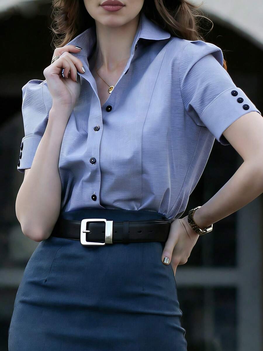DONICY 女士纯色单排扣休闲百搭日常衬衫 - 藍色 - 查看 1