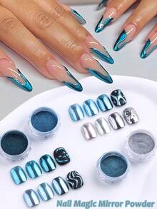 4pcs Blue Magic Mirror Nail Powder - Silver, Blue Mirror Metallic Holographic Nail Powder, Y2K Spring/Summer Captivating Nail Art Decor, Nail Salon Supplies, DIY Nail Products - Multicolor - View 2