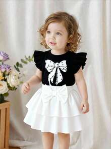 2pcs Girls Elegant School Style Black Cap Sleeve T-Shirt + White Cake Skirt Set, Summer Vacation - Black and White - View 1