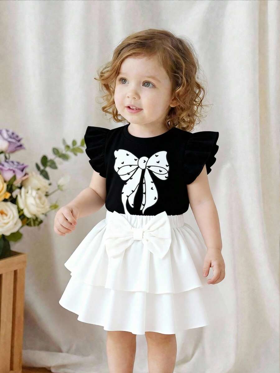 2pcs Girls Elegant School Style Black Cap Sleeve T-Shirt + White Cake Skirt Set, Summer Vacation - Black and White - View 1