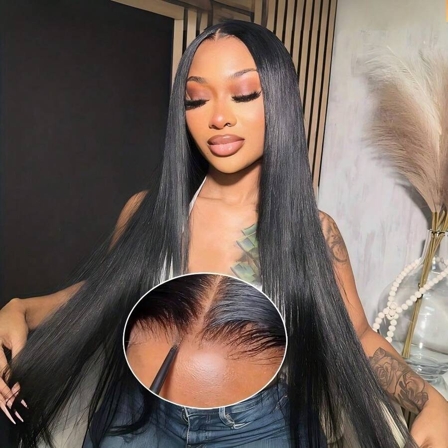 Tóc giả thẳng không cần keo, tóc thật, sẵn sàng sử dụng, kích thước 5*5, tóc giả ren phía trước, tóc giả đã tỉa sẵn, tóc giả Brazil.