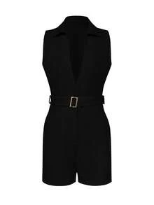 Bộ jumpsuit vải dệt màu trơn, có thắt lưng, thích hợp cho kỳ nghỉ, công sở, mặc hàng ngày, phong cách thanh lịch mùa xuân/hè. - màu đen - Xem 3