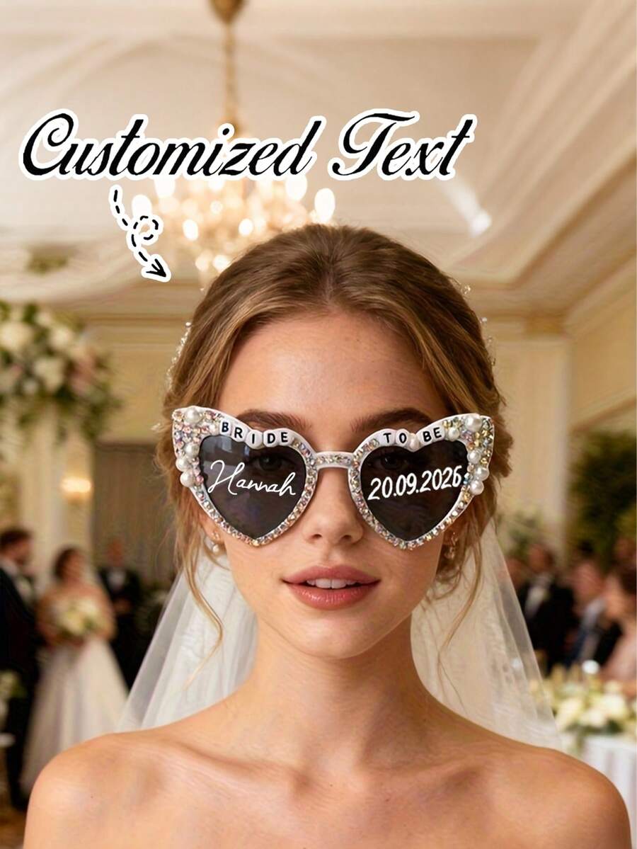 Customized Black Heart-Shaped Fashionable Glasses - Stylish And Elegant, Decorated With Pearl Elements. Suitable For Brides-To-Be, Future Wives, Bridesmaids, Maids Of Honor, Weddings, Bridal Showers, Bachelorette Parties - Multicolor - View 1
