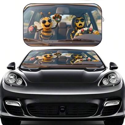1pc Cute Dual Bee Design Car Sun Visor, Fashion Women's Sunshade, Made Of Polyester Fiber, Suitable For Various Vehicle Front Windshields, Provides Heat Insulation And Privacy Protection, Keeps Your Car Cool, Foldable For Easy Storage
