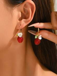 1对可爱叶子花朵树脂草莓耳环，创意甜美水果吊坠耳环，适合女性日常佩戴和度假佩戴 - 紅色 - 查看 3
