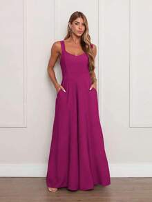Simple, Loose-Fitting Jumpsuit That Hugs The Body, With Wide Legs And A Side Zipper. Super Comfortable. - 玫瑰紅 - 查看 1
