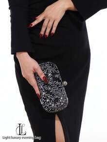 新款水钻晚宴包，奢华全镶钻手拿包，优雅派对手提包，女士单肩包 - 黑色 - 查看 6