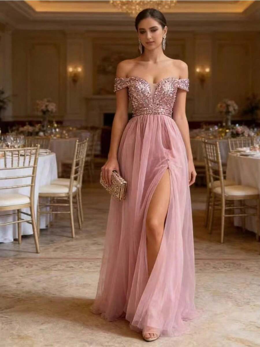 Dusty Pink Off Shoulder Sequin Bodice High Split Tulle Prom Dress - Elegant Mesh Evening Gown For Party & Formal Events - 粉色 - 查看 1