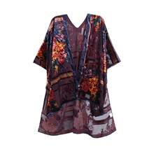 WeHello-Burnout Velvet Kimono For Women Long Cardigan Beach Cover Up Vacation Casual Shawl Swimwear Coverups Clothes Outfit Womenswear Chic Party Piece SpringStatements - Màu nâu Sô-cô-la - Xem 7