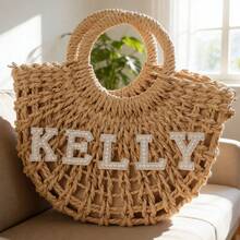 1 pieza Bolso de paja tejido a mano tipo bandolera, se puede personalizar con letras de perlas falsas, adecuado para vacaciones de primavera/verano, uso diario - Multicolor - Ver 15