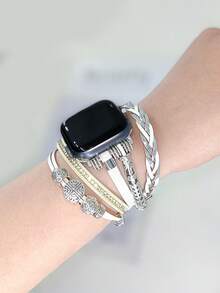 1件白色人造皮革錶帶配銀色金屬扣，適用於 41mm、40mm、38mm、45mm、44mm、42mm、49mm，女性波希米亞風多層纏繞手鍊錶帶，適合 Series Ultra 10、9、8、7、6、5、4、3、2、1、SE - 銀色 - 查看 2