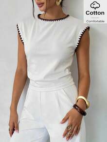 Áo thun nữ thường ngày cổ tròn viền hoa, thích hợp mặc mùa hè. - Đỏ và trắng - Xem 6