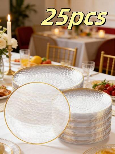 Conjunto de 7/12/25/50 peças de pratos de plástico transparente com borda dourada e textura martelada, design elegante. O conjunto inclui pratos de sobremesa de 19 cm e pratos de jantar de 26 cm. Ideal para casamentos, jantares formais, festas, feriados, aniversários, eventos corporativos, acampamentos, piqueniques, reuniões familiares e grandes ocasiões.
