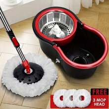Rotating Mop And Bucket, Equipped With 3 Microfiber Heads, Stainless Steel Handle, Suitable For Both Dry And Wet Cleaning In Homes And Offices - Black and Red - View 1