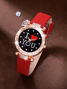 女士手表套装，1 套，镶钻圆形表盘石英表，含项链、耳环和戒指，适合日常佩戴、生日礼物、返校季礼物、感恩节礼物、情侣装、最佳礼物（不含手表盒） - 紅色 - 查看 2