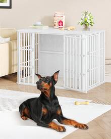 HaluPeit Hundekäfig Möbel, Hochbelastbar Hundebox aus Holz für den Innenbereich mit Futtertür Oben, Mehrtür-Design, Großer Hundekäfig-Beistelltisch, 120 x 75 x 81 cm, Weiß - Weiss - Übersicht 1