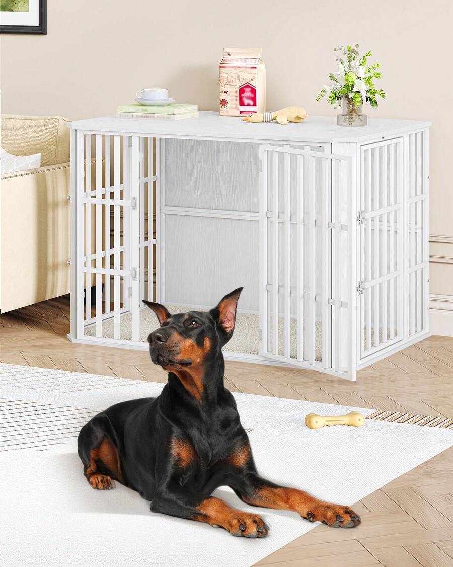 HaluPeit Hundekäfig Möbel, Hochbelastbar Hundebox aus Holz für den Innenbereich mit Futtertür Oben, Mehrtür-Design, Großer Hundekäfig-Beistelltisch, 120 x 75 x 81 cm, Weiß - Weiss - Übersicht 1