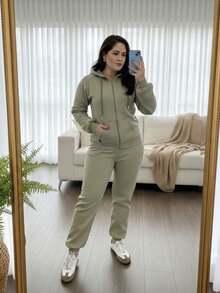 Women's Winter Tracksuit Set: Jacket With Zipper And Hood, Casual Jogger Pants. Comfortable, Warm, And Stylish. Sporty Look, Gym, Travel, Everyday Wear. - 綠色 - 查看 2