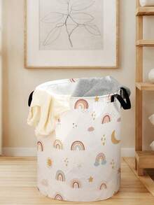 1 pieza Cesta de almacenamiento redonda plegable de gran capacidad con estampado de arcoíris de dibujos animados y asa, multiusos para baño, habitación, lavandería, juguetes, ropa, cesta de almacenamiento plegable - Multicolor - Ver 9