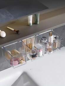 1pc Wall Mounted Storage Box, Plastic Storage Box, Cosmetics Storage Container, Miscellaneous Storage Box, Mirror Drawer Storage Box - Transparent Adjustable Pull-Out Organizer, Suitable For Bathroom Cleaning Swabs, Lipstick, Headband And Makeup Pads, Bathroom Accessories Organizer, Bathroom Drawer Organizer, For Holiday Beach, Bathroom Collection, Bedroom Collection, Large Capacity,Makeup Bag,Travel Essential - Trong sáng - Xem 2