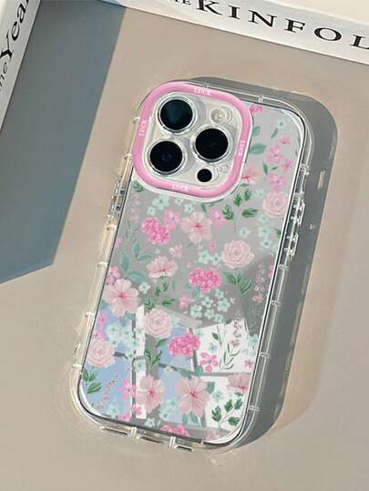 1个精美治愈系粉色花叶图案手机壳，带化妆镜，1.5mm PC硬壳二合一全包气囊防摔，创意精准开孔凸起摄像头环，日常送礼佳品，适用于 17/17Pro/AIR/17PROMAX/16E、17E/16/16Pro/16PLUS/16PROMAX/15/11/12/13/14/15Pro/14Pro/13Pro/12Pro/11Pro/15PROMAX/14PROMAX/13PROMAX/12PROMAX/11PROMAX