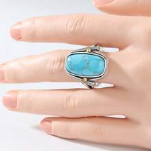Handmade Wide Vintage Bohemian Style Artificial Turquoise Ring, Suitable For Women, Casual, Vacation Or Wedding Accessory, Unique Style Women's Jewelry - Silver - View 3