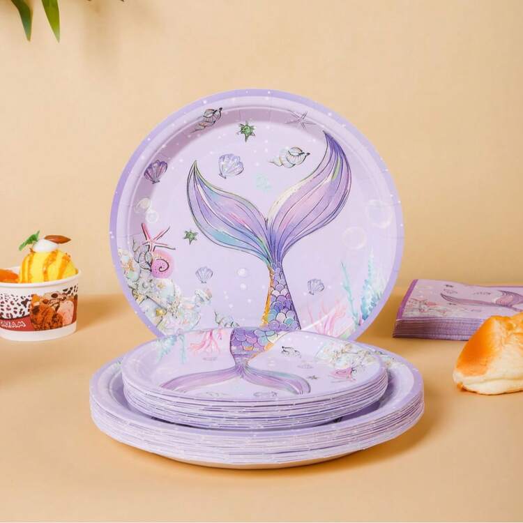 Purple Mermaid Tail Disposable Plates, Napkins, Cups - One-Time Party Supplies Set, Fits 16 Guests, Disposable Paper Plates Tableware Suitable For Birthday, Wedding, Theme Party, Family Picnic - View 3