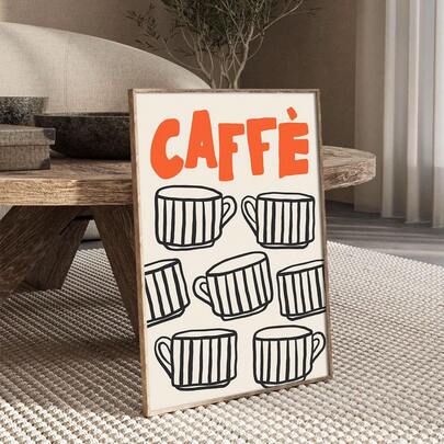 1 pieza Este póster de arte sin marco presenta una taza de café hecha de franjas naranjas superpuestas, lo que lo convierte en el regalo perfecto para los amantes del café. Este póster decorativo caprichoso y reconfortante es ideal para la decoración de paredes en dormitorios, salas de estar, baños y otros espacios.