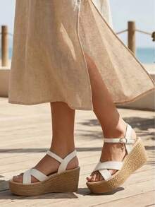 Minimalist Leather Lightweight Thick Sole Criss-Cross Strap Sandals, White Wedge Heel Beach High Heels For Summer - White - View 4