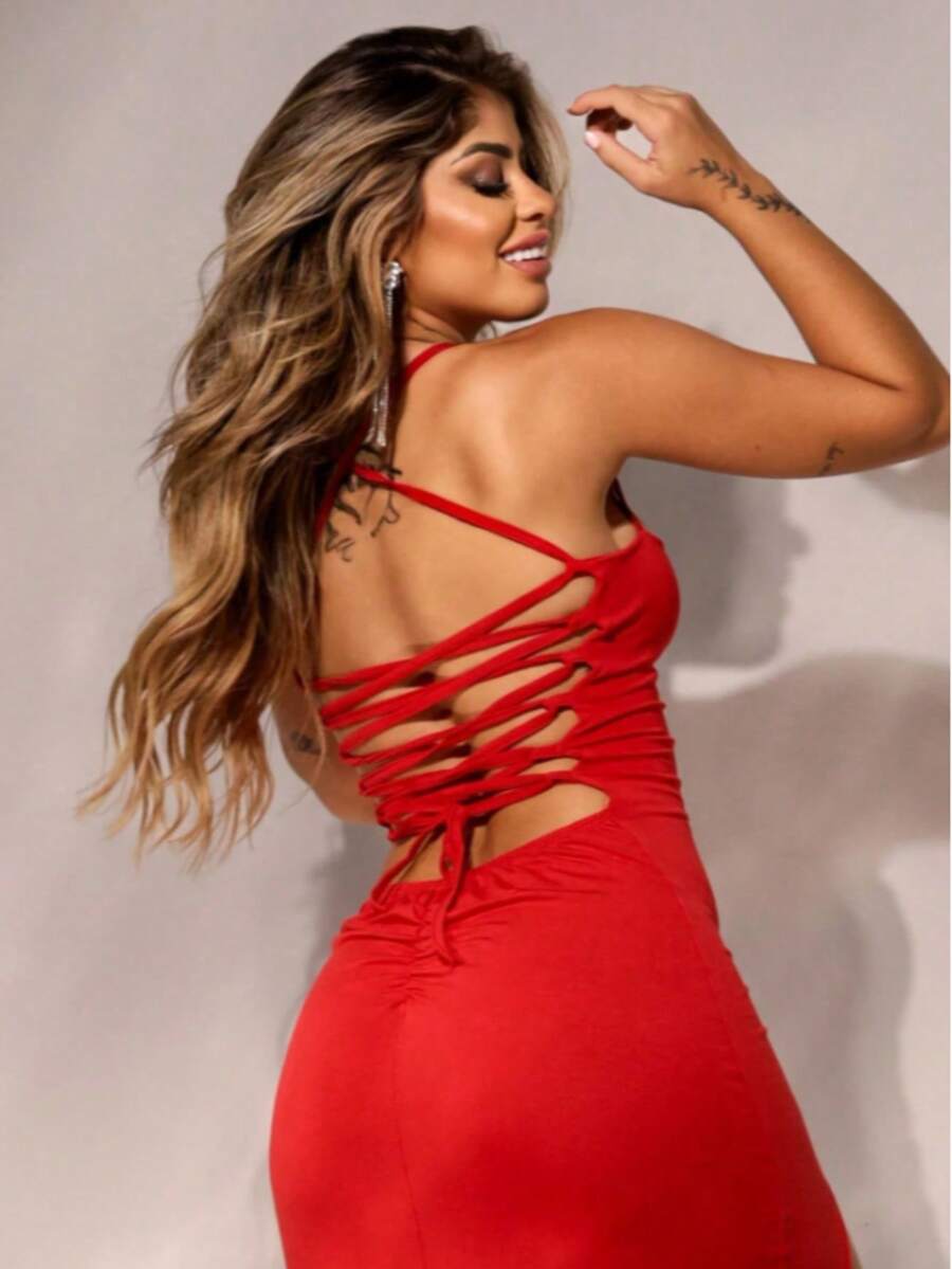 Red Long Dress In High-Gramity Spandex With Padded Cups And Side Slit, Elegant Evening Dress For Parties - Red - View 1