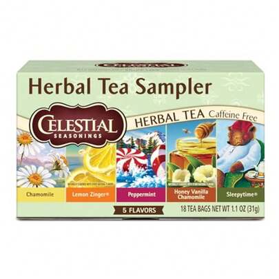Celestial Seasonings Herbal Tea Sampler Variety Pack Caffeine  18 Tea Bags Box
