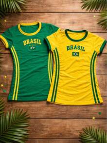 Brazil Women's T-Shirt Kit With Embroidery And Side Stripes, Fitted - Xanh lục-Vàng - Xem 1