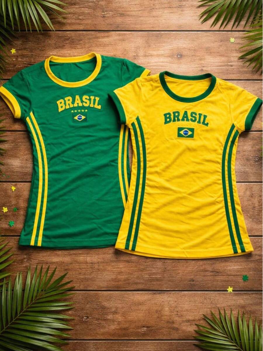 Brazil Women's T-Shirt Kit With Embroidery And Side Stripes, Fitted - Xanh lục-Vàng - Xem 1