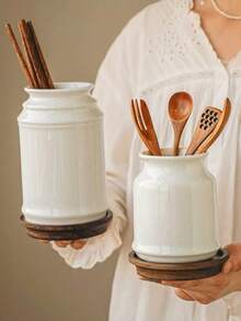 极简白色树脂筷子餐具收纳罐，北欧风格厨房餐具收纳架，带木质托盘，多功能餐具架，可收纳勺子、叉子、刀子，适用于家庭厨房、餐桌、咖啡馆、小酒馆、台面收纳、桌面装饰，坚固耐用的树脂材质，易于清洁，是日常厨房使用和餐桌展示的理想之选。 - 彩色 - 查看 4