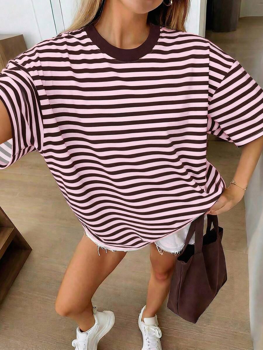 Oversized Loose Fit Short Sleeve T-Shirt, Casual Vacation Summer - Pink - View 1