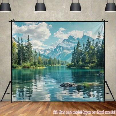 1 Piece Of Large Lake Retro Themed Party Background Fabric - Durable Polyester Fabric Banner With Green Mountain, Forest, And Lake Scenes, Blue Lake Water - Indoor/Outdoor Photo Booth Decoration, Lakeside House Wall Hanging, Natural Themed Celebration Background