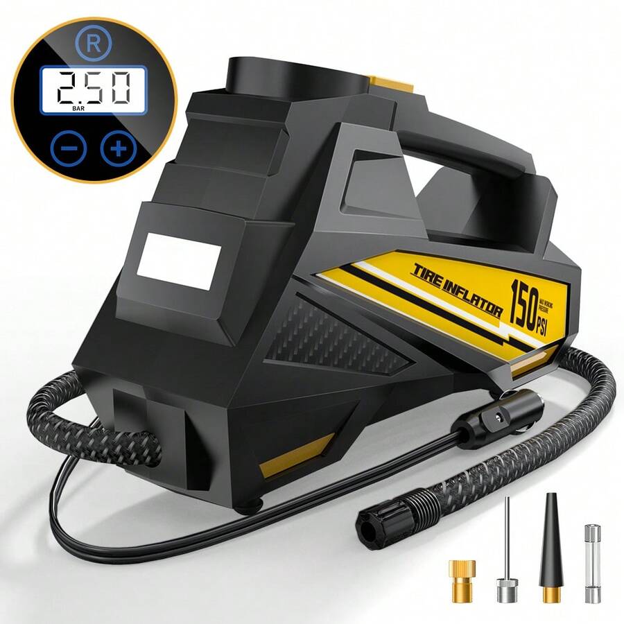 Carsun Portable Tire Inflator Pump, Suitable For Car Tires - Auto Accessories, 150PSI 12V DC Auto Inflator With Digital Pressure Gauge, Emergency LED Light For Bicycle, Balloon, Yellow