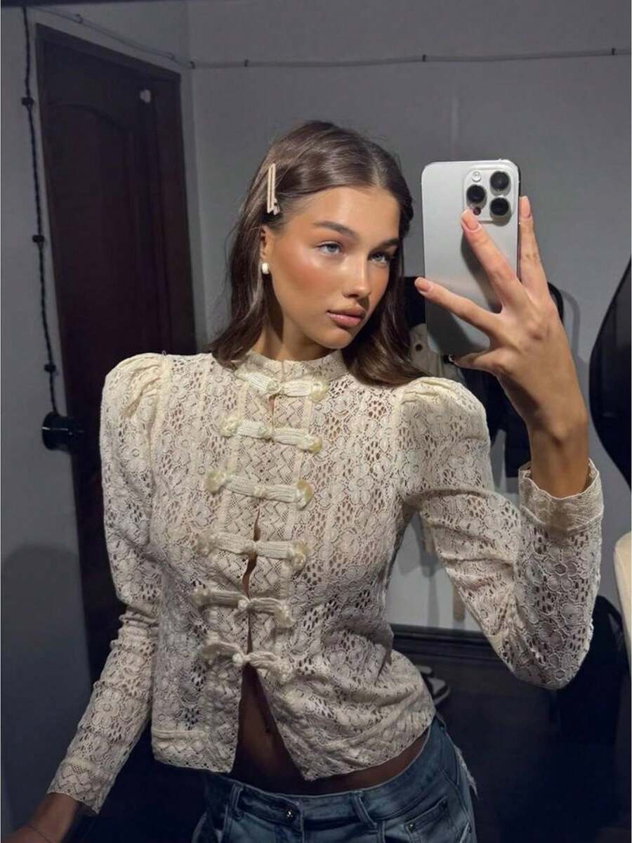 Women Long Sleeve Mandarin Collar Guipure Split Blouse Top Lace Floral Puff Sleeve Button-Down Shirt Slim Fit Elegant Sheer Tops Party Clubwear - 杏色 - 查看 1