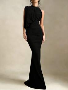 Elegant Sexy Ruffle Decor Fishtail Hem Party Dress, Cocktail Gown, Wedding Guest Bridesmaid Dress, Formal Ball Gown Spring Black - Black - View 1